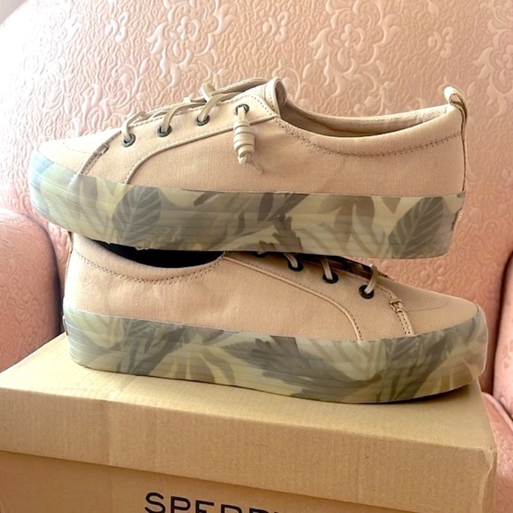 Brand New Sperry Crest Vibe Platform Sneakers Beige Green Leaf Tropical Neutral - Picture 9 of 16